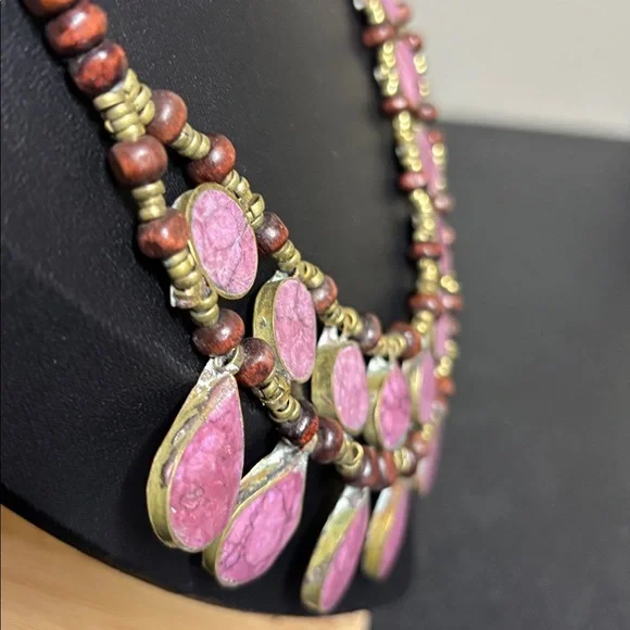 Vintage Stone Bib Brass Handcrafted Necklace Egyptian - Picture 6 of 9